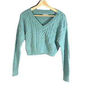 Aeropostale Cable Knit Cropped V-Neck Sweater Women’s Blue-Green Size S